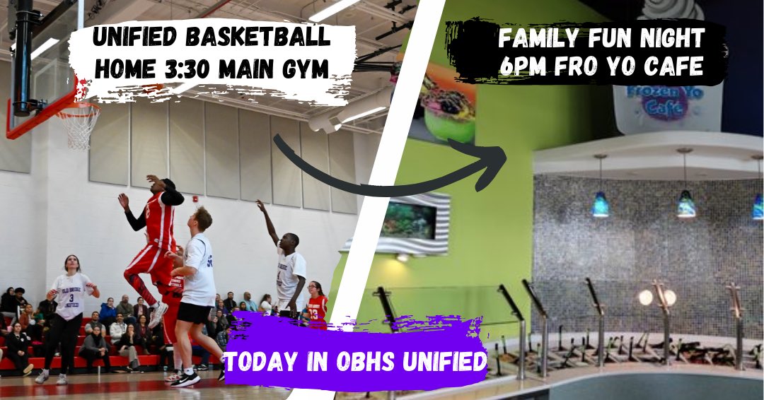 Today may be a half day, but we are busy after school! Join OBHS Unified for our last regular season bball game and Family Fun Night <a href="/obhs_announce/">OBHS Announcements</a> <a href="/FazioSally/">Mrs. Fazio 💜</a> <a href="/OldBridgeTPS/">The Bridge</a>