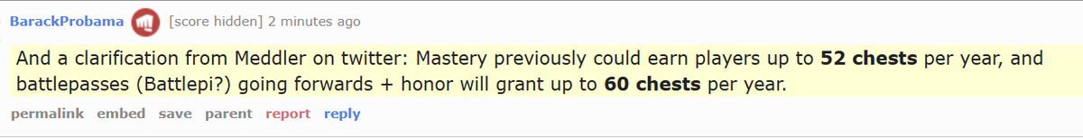 Spideraxe30's tweet photo. Clarification noting that the number of earnable chests from mastery to battle pass + honor will be going from 52 to 60. https://t.co/gVoQlDkEkW