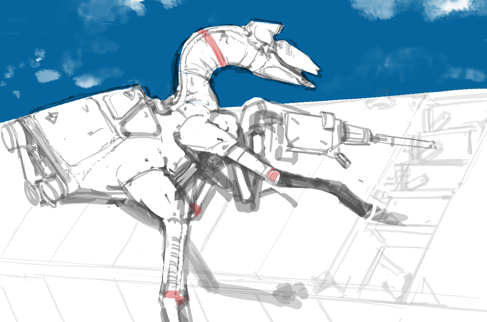 alexriesart's tweet photo. Development of the Birrin 'EVA' artwork. The second version had a little maneuvering unit, probably just pressurized nitrogen for helping move around outside; another advantage of more limbs. https://t.co/D6rUJSb2uM