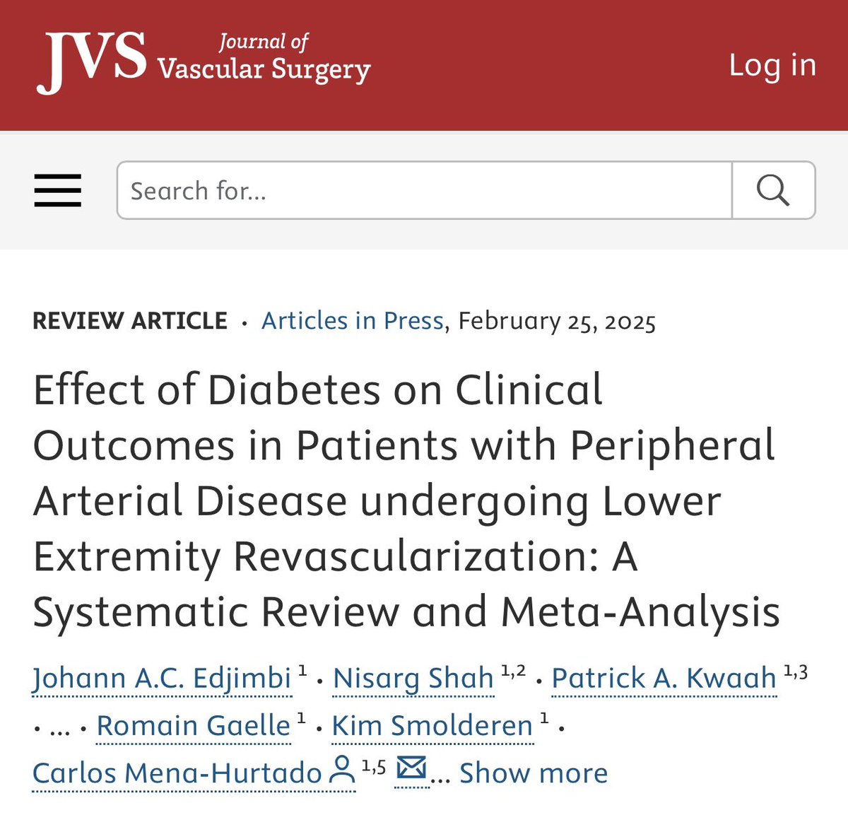 Johann Edjimbi (@johannedjimbimd) on Twitter photo Thrilled to share our latest publication in <a href="/JVascSurg/">Journal of Vascular Surgery</a> on diabetes and outcomes in PAD patients post-revascularization! Grateful to my incredible mentors, Dr. <a href="/CarlosMenaYale/">Carlos Mena</a> and Dr. <a href="/KimGSmolderen/">Kim G. Smolderen, PhD</a>, for their guidance and support. #Cardiology #VascularSurgery #Research Thrilled to share our latest publication in <a href="/JVascSurg/">Journal of Vascular Surgery</a> on diabetes and outcomes in PAD patients post-revascularization! Grateful to my incredible mentors, Dr. <a href="/CarlosMenaYale/">Carlos Mena</a> and Dr. <a href="/KimGSmolderen/">Kim G. Smolderen, PhD</a>, for their guidance and support. #Cardiology #VascularSurgery #Research