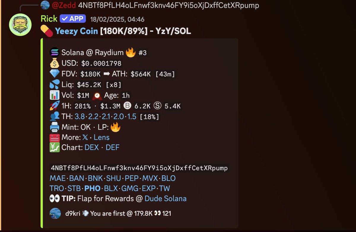 💰 TURN $100 INTO $8K+ IN A FEW DAYS?! 🚀

Last week, I called Yeezy Coin at $180K MC… It ripped past $15.3M MC &amp; made 85x gains! 📈🔥

If you timed it perfectly:
💸 $100 → $8.5K
💸 $500 → $42K
💸 $1K → $85K
While others were chasing late, my people were early &amp; banking.
👀