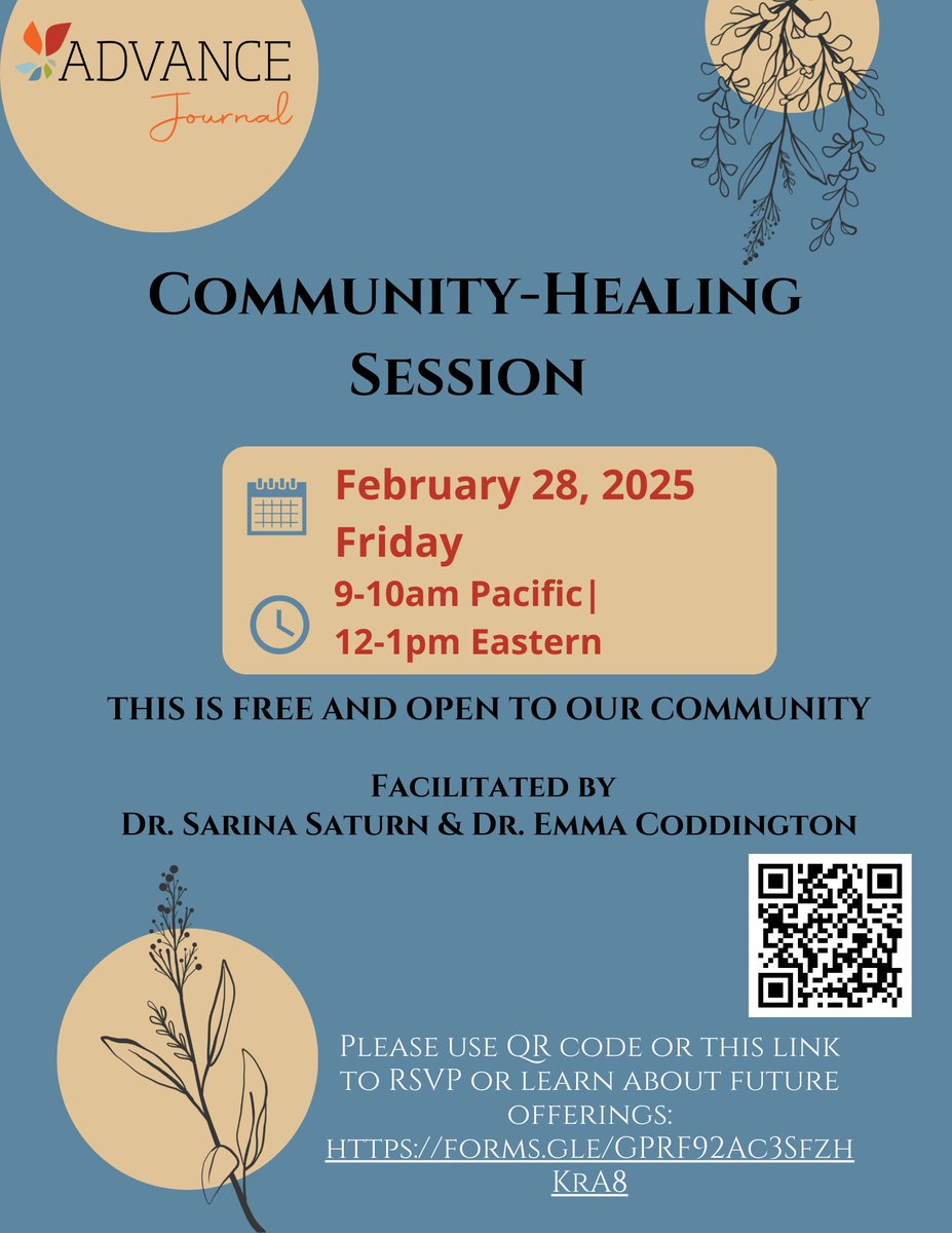 ADVANCE Journal (@advancejournal) on Twitter photo Register and spread the word about our upcoming community-healing session facilitated by Sarina Saturn, PhD and Emma J Coddington Brown on Friday, February 28th. Register here: forms.gle/GPRF92Ac3SfzhK… Register and spread the word about our upcoming community-healing session facilitated by Sarina Saturn, PhD and Emma J Coddington Brown on Friday, February 28th. Register here: forms.gle/GPRF92Ac3SfzhK…