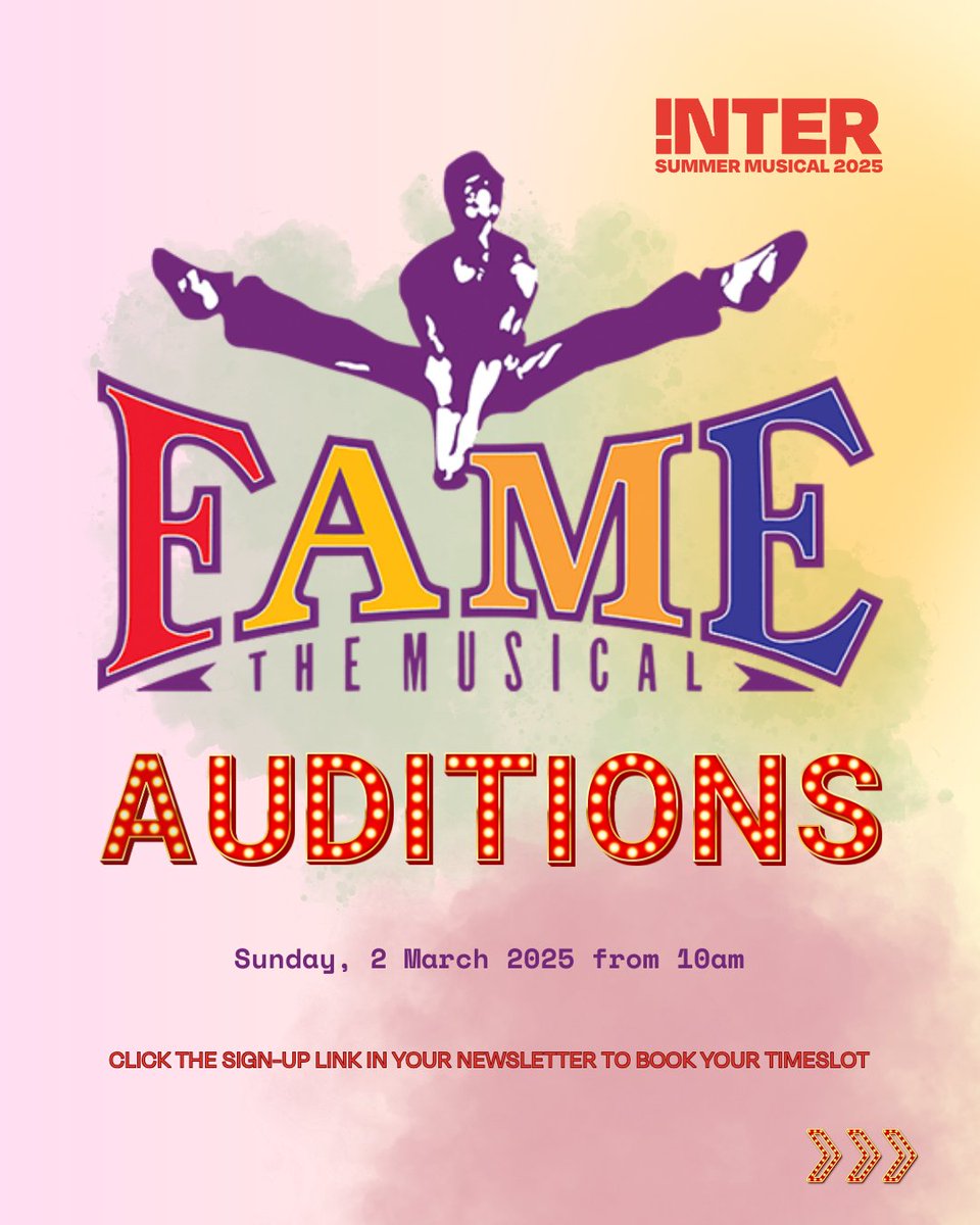 inter_paa's tweet photo. Fame The Musical & Junior Pre-Show Audition Weekend!

Click the sign-up link in your newsletter to book your audition timeslot now.

We can't wait to see you there!

#FameTheMusical #Fame #Auditions #SummerMusical2025 #Musicals #Performers #Talent #interperformingarts #intertalentsearch #inter #awardwinning #interScotland #auditions #privateauditions #talent