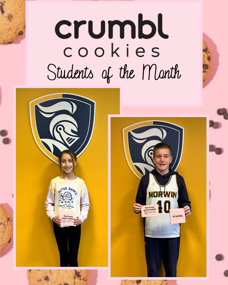 Congratulations 🎉 to Leah (5th) and Mason (6th)…Hillcrest’s Crumbl Cookie 🍪 Students of the Month for February!  We are so proud of these two amazing 🤩 students!