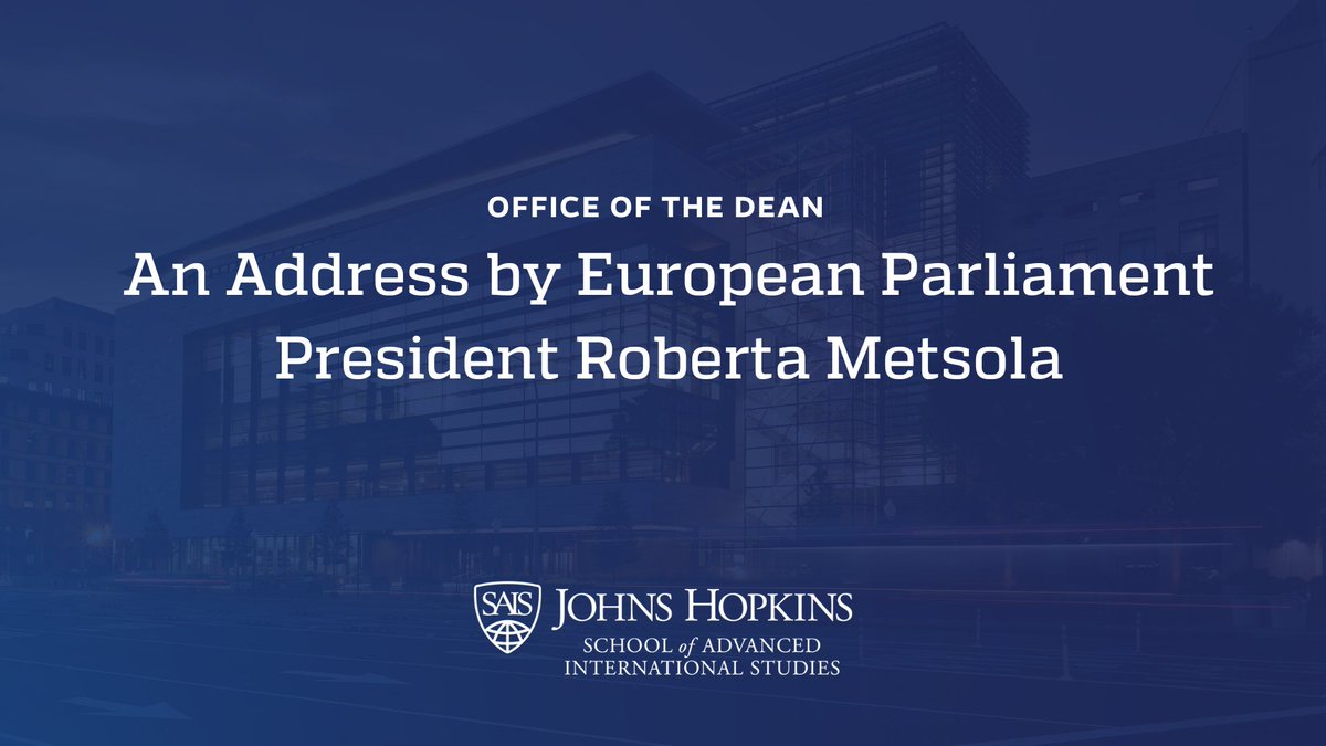 Johns Hopkins SAIS (@saishopkins) on Twitter photo Tomorrow, European Parliament President <a href="/EP_President/">Roberta Metsola</a> Roberta Metsola will deliver an address on “Europe and the United States in a New World.” A moderated discussion with <a href="/m2matthijs/">Matthias Matthijs</a> will follow
➡️Join the livestream on Thursday, February 27, at 10:30 a.m. EST. Link coming soon Tomorrow, European Parliament President <a href="/EP_President/">Roberta Metsola</a> Roberta Metsola will deliver an address on “Europe and the United States in a New World.” A moderated discussion with <a href="/m2matthijs/">Matthias Matthijs</a> will follow
➡️Join the livestream on Thursday, February 27, at 10:30 a.m. EST. Link coming soon