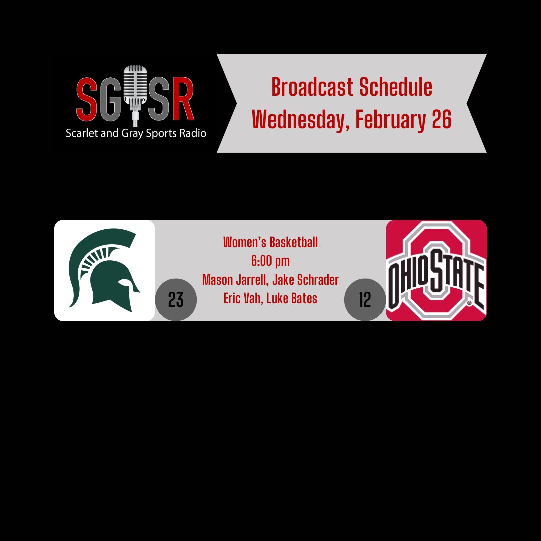 Scarlet & Gray Sports Radio (@sgsr_osu) on Twitter photo Ranked Big Ten matchup featuring 12th-ranked <a href="/OhioStateWBB/">Ohio State Women’s Basketball</a> as they take on the 23rd-ranked Spartans of Michigan State.
Mason Jarrell, <a href="/jschrader55/">Jake Schrader</a>, <a href="/EricVah1/">Eric Vah</a>, and Luke Bates will bring you all the action on SGSR! Ranked Big Ten matchup featuring 12th-ranked <a href="/OhioStateWBB/">Ohio State Women’s Basketball</a> as they take on the 23rd-ranked Spartans of Michigan State.
Mason Jarrell, <a href="/jschrader55/">Jake Schrader</a>, <a href="/EricVah1/">Eric Vah</a>, and Luke Bates will bring you all the action on SGSR!