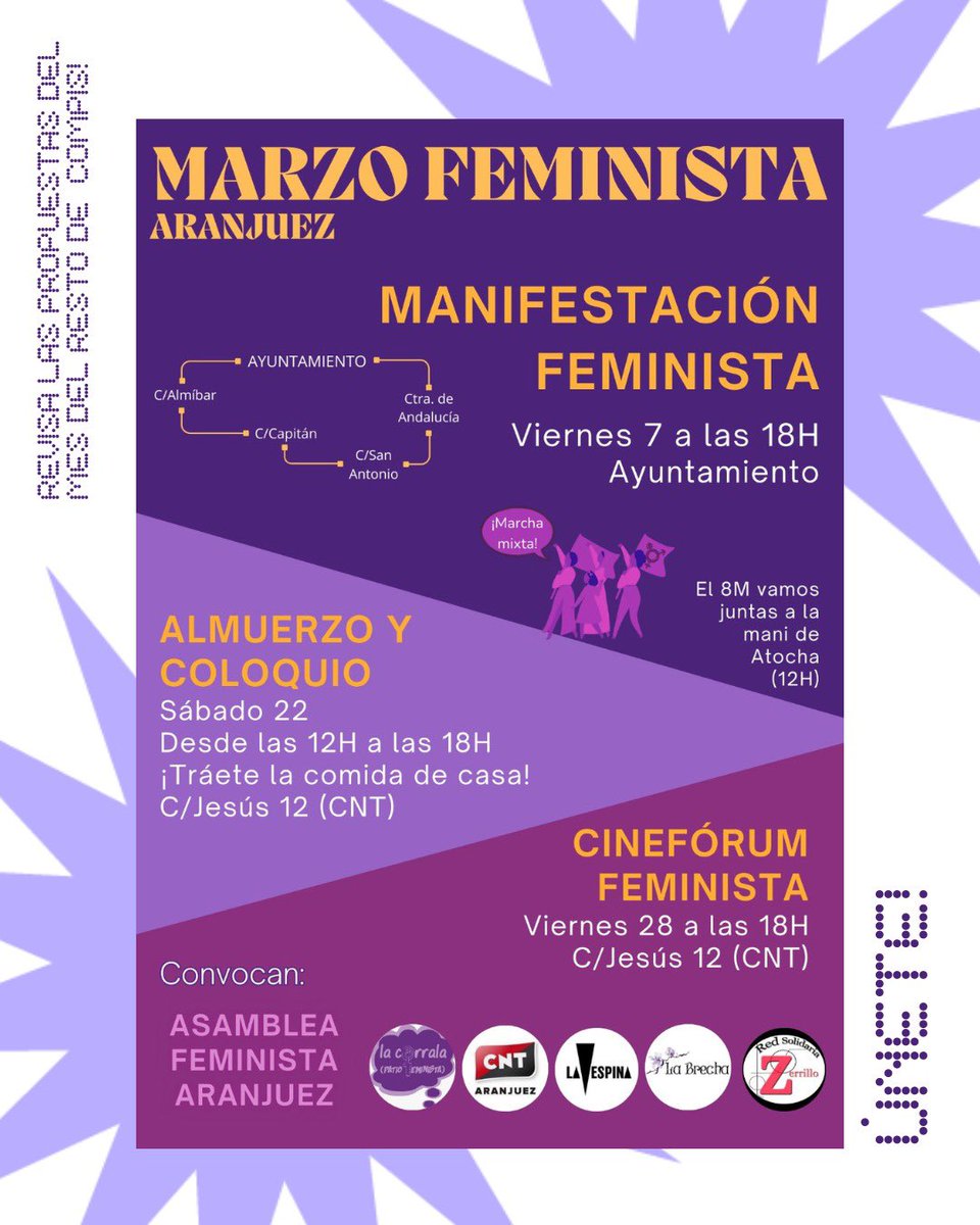 💥¡Prepara con nosotras tus pancartas para la manifestación del 7M en Aranjuez y la del 8M en Madrid! Estaremos el próximo día 6 a las 19.00h en el CS la Chispa (C/ Capitán 131) 

¡Por un feminismo donde quepamos todas! ✊🏽✊🏼