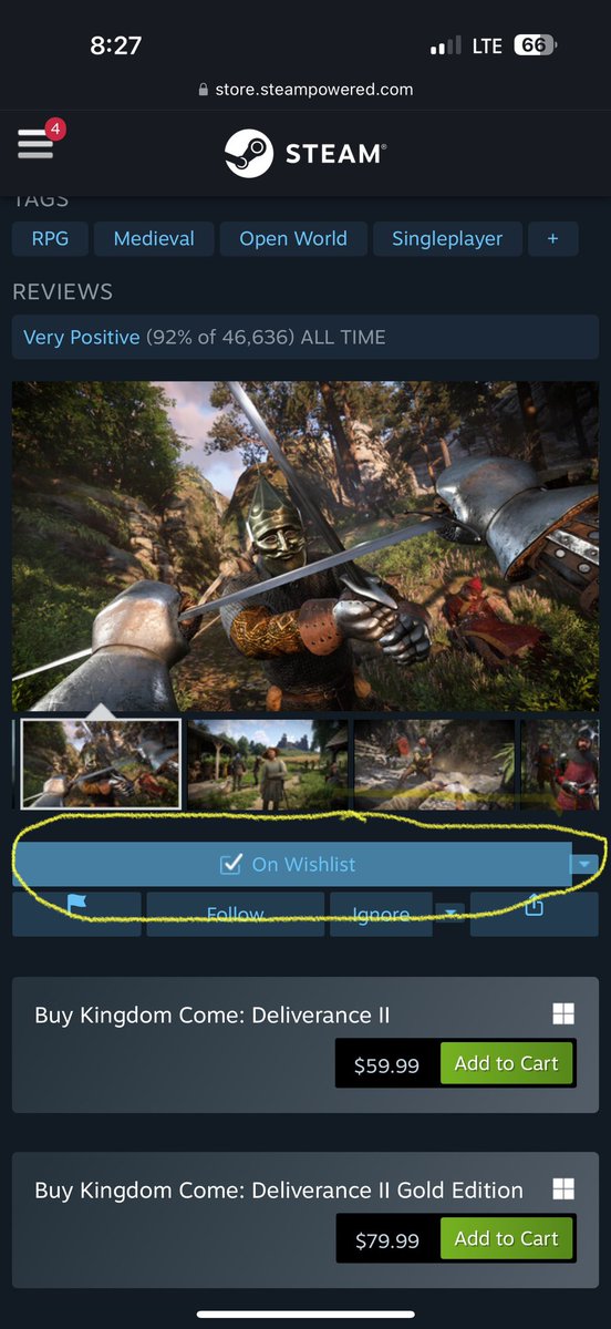 AzSabbb's tweet photo. @WarhorseStudios @KingdomComeRPG I wish I had proper screenshots. But this is what I have now. I can’t afford the game this time. Game on wishlist. Waiting on sale… https://t.co/jB2njNDVsE