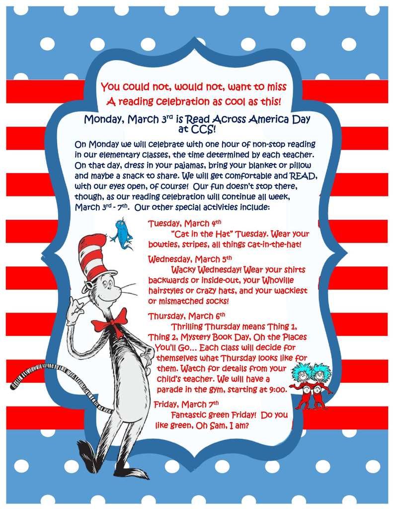 Read Across America is the nation’s largest celebration of reading and CCS K–5 students will be celebrating with Dr. Seuss theme books Monday, March 3–Friday, March 7. We can't wait to see the fun outfits the students come up with.
