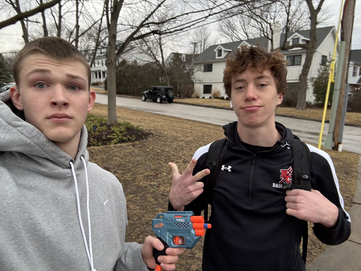 TAGhinsdale's tweet photo. Finn Boggs snipes Jack Froiland on his way to school. #freshouttaprison https://t.co/UJAegoBlrT