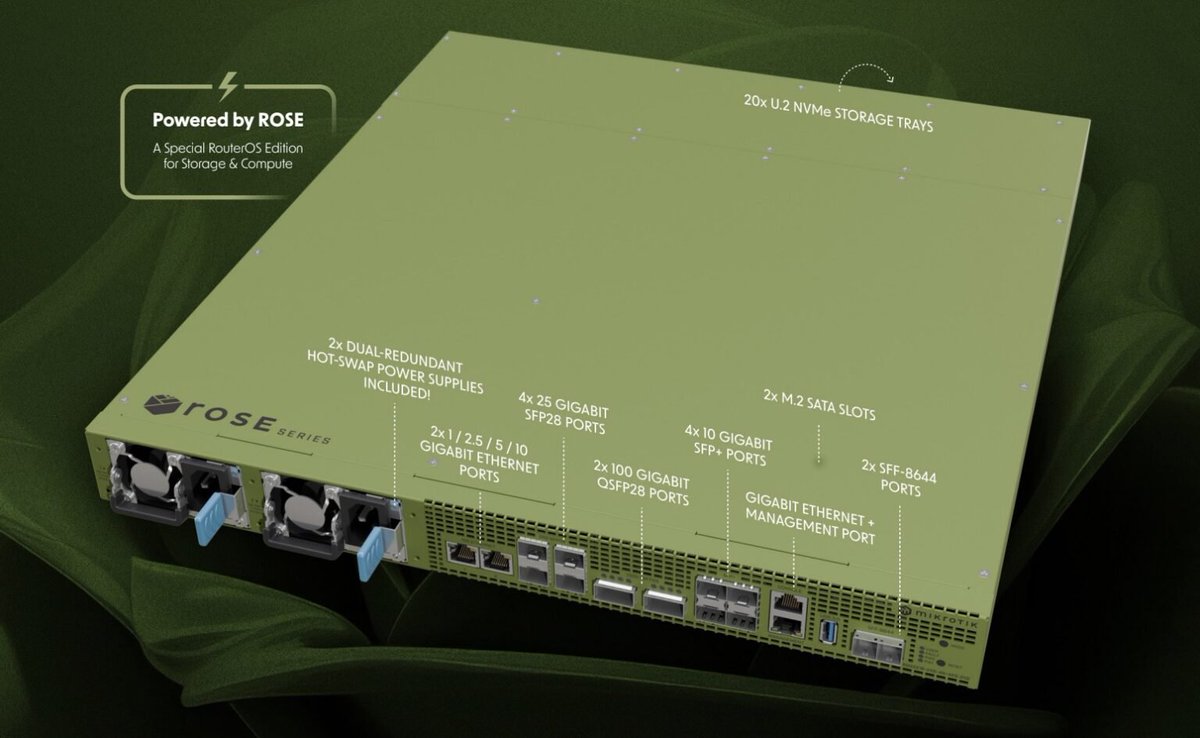 MikroTik is getting into the server market. The MikroTik RDS2216 combines a 20x U.2 NVMe NAS, a little 16 core Arm processor server, and a switch for 100GbE, 25GbE, and 10GbE (10Gbase-T and SFP+) all into a single GREEN box servethehome.com/mikrotik-rds22… <a href="/mikrotik_com/">MikroTik</a>