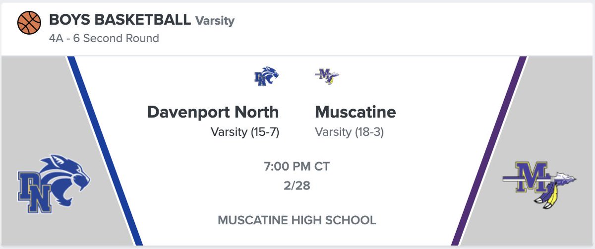 Boys’ Substate Basketball - Muscatine vs Dav. North on Friday, Feb. 28 @ 7PM at Muscatine High School.
Purchase tickets online at: iahsaa.org/tickets/ (Select Basketball, 4A, Get Tickets-Substate at Muscatine) Tickets are $6.  No passes will be accepted.
Go Muskies!