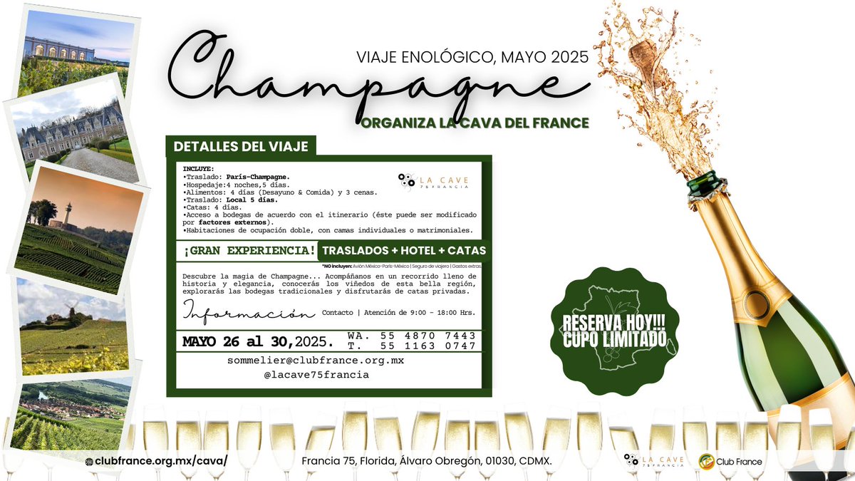 Sumérgete en el corazón de #champagne con La Cave 75 Francia,mayo 26 al 30 de 2025. Viaje exclusivo de 5 días disfrutarás bodegas icónicas,catas privadas y cenas en restaurantes Michelin. Traslados+hospedaje+comidas+catas
clubfrance.org.mx/cava/
¡Cupo limitado!Vive la experiencia