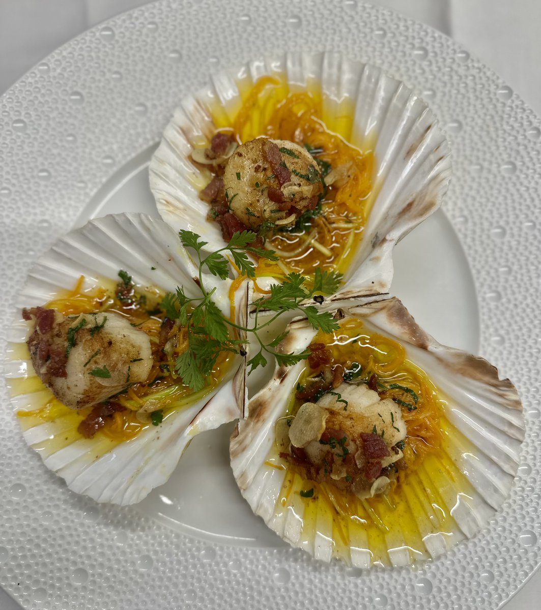 Dish of the Day - These hand-dived Orkney scallops are delicious served with a julienne of vegetables, ventreche bacon, and a light garlic butter.