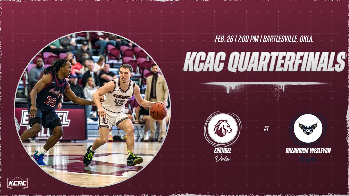 M🏀 &gt; KCAC QUARTERFINALS

📍: Bartlesville, Okla. (Mueller Sports Center)
🆚: #1 Oklahoma Wesleyan
📊: okwueagles.com/sidearmstats/m…
🖥: kcacnetwork.com/evangel/
🎟: kcacsports.com/sports/2023/1/…
#OneValor