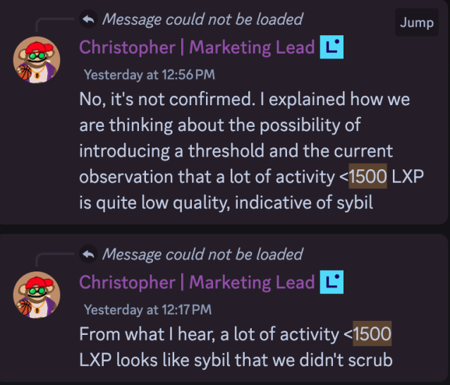 fariDelta's tweet photo. 🚨 Leaks from Linea Discord:
Christopher, Marketing Lead, suggests that activity under 1500 LXP might be low quality or sybil-like 🤖⚠️. A threshold might be introduced soon.
What do you think? Fair move or unnecessary restriction? 👀 #Crypto #linea #SybilDetection https://t.co/UdelGpT9mu