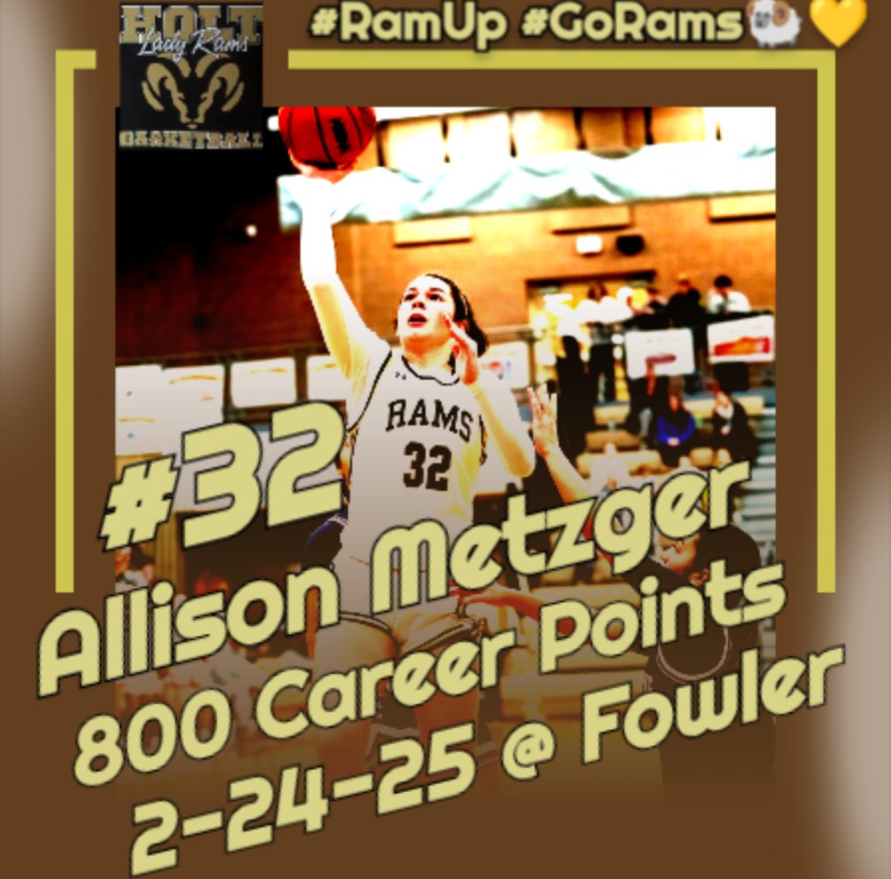 holtramhoops's tweet photo. On Monday night @AllisonMetzger7 passed 800 points against D4 # 2 Fowler! Last night, she tied Paul Crosby for 2nd most wins all-time by a Holt player, boys or girls. One more chance before districts tomorrow night for a good tuneup before districts vs GRCC. #RamUp #GoRams🐏💛 https://t.co/saEKbXiOIe
