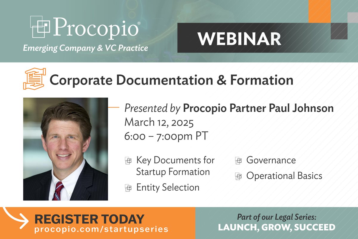 Attention entrepreneurs! Join a free webinar 3/12 to gain insights on launching your #startup right: proper formation, governance, operations, and documents to grow and stay legally compliant. This is the first of a 6-part webinar series. law.procopio.com/legal-series-l… #startups