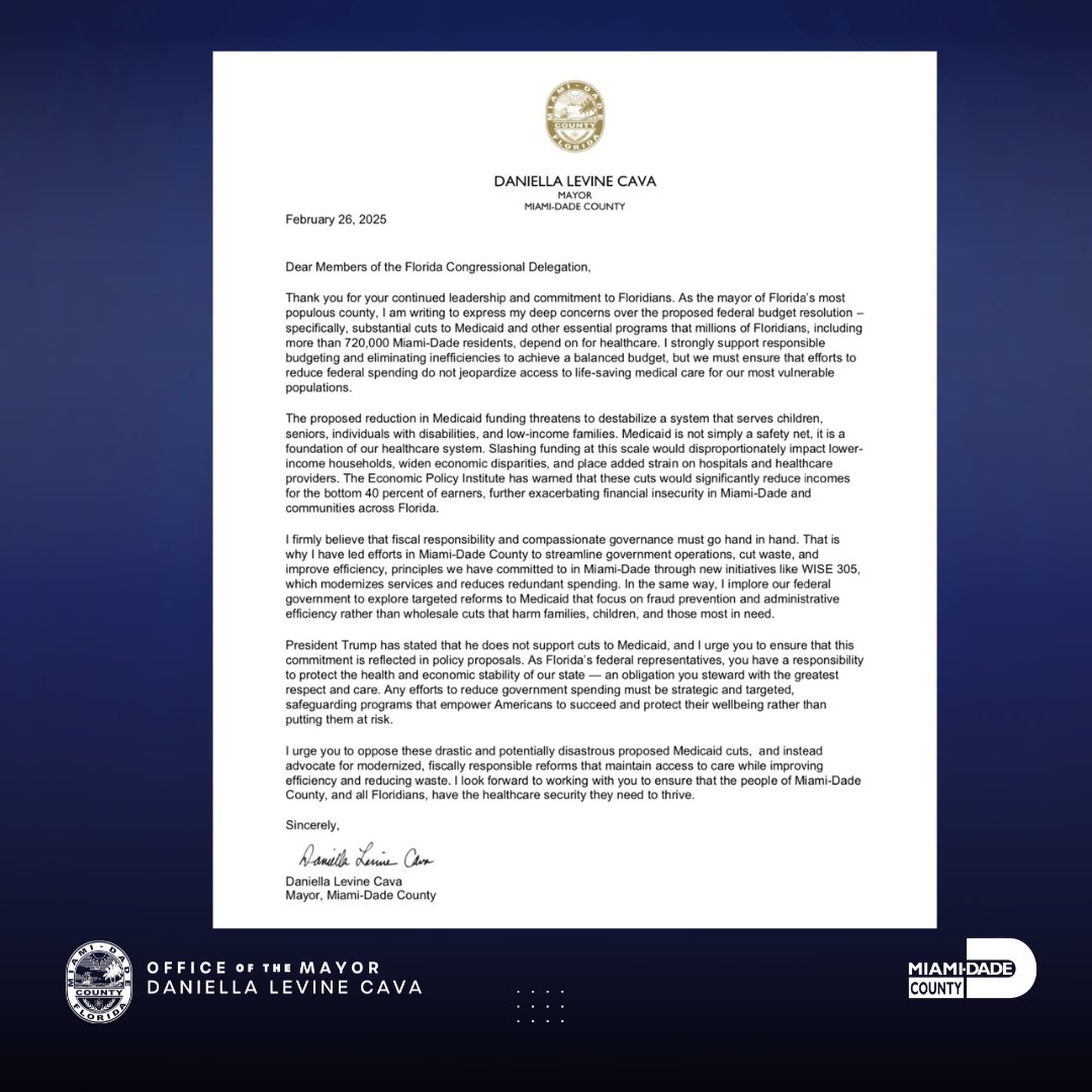 I’m deeply concerned about the proposed federal budget—especially steep cuts to Medicaid &amp; other programs that millions of Floridians depend on. We must ensure that efforts to reduce federal spending don’t jeopardize access to life-saving care for our most vulnerable. My letter: