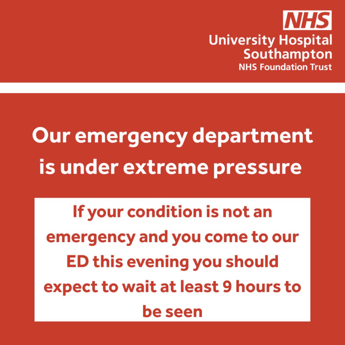 Our Emergency Department is extremely busy. We are prioritising people with life or limb threatening conditions. If your condition is not an emergency and you come to our ED this evening you should expect to wait at least nine hours to be seen [1/2] 👇🏼