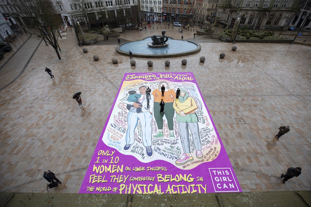 .@ThisGirlCan is live in Birmingham city centre sharing the barriers many women face when trying to be active. 

"Some barriers are too big to tackle alone" is a the title of a large floor mural representing women who feel left behind by the world of sport and physical activity.
