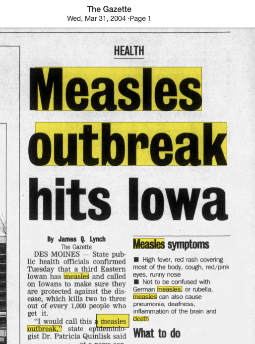 justin_hart's tweet image. The Texas measles outbreak and death is a really sad event. Must be Trump's fault because nothing like this has ever happened before! Except...

- 2005 Indiana Outbreak
- 2008 Outbreak: Nationwide, 140 cases 
- 2011 Outbreak: 220 cases 
- 2015 Disneyland Outbreak - 1 death of an…