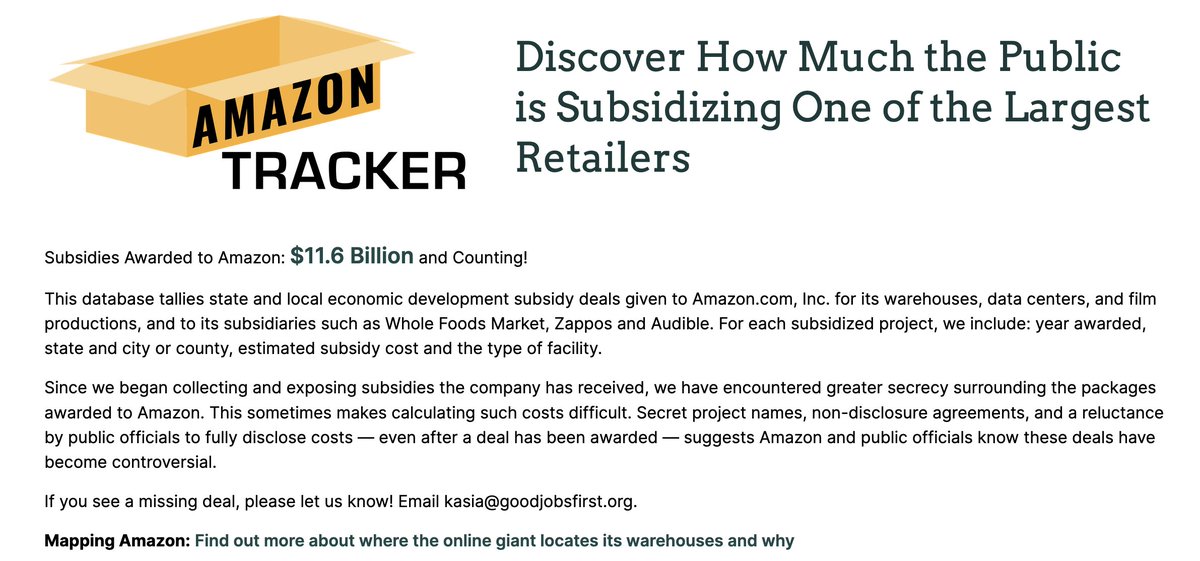 Jeff Bezos' Amazon has extracted at least $11.6 billion in taxpayer subsidies. 
Because so many deals are secretive and the values undisclosed, that's likely a massive undercount. 

But do tell us more about "free markets."
🧾: goodjobsfirst.org/amazon-tracker/