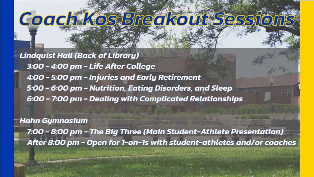 Today, Bethany College hosts Coach Kos, a mental health professional who founded Training the Complete Athlete on campus!

From 3-7pm, Coach Kos will have several breakout sessions in Lindquist Hall followed by an all student session in Hahn beginning at 7pm! Come check her out!!