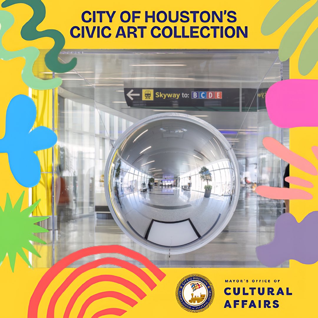 Houston artist Michael Stevenson Jr. challenges us to imagine unrestricted BIPOC futures with his sculpture “HOL’D UP”, now on view at George Bush Intercontinental Airport.

This large convex mirror that suspends weightlessly invites reflection—both literally and figuratively.