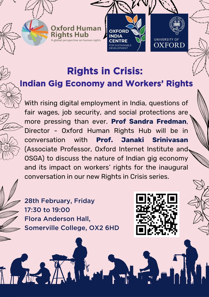 Oxford Human Rights Hub (@oxhrh) on Twitter photo Join Prof <a href="/SandraFredman/">Sandra Fredman</a> and <a href="/janasrin/">Janaki Srinivasan</a> as they discuss the nature of Indian gig economies.
🗓️28th February (Friday)
⏲️17.30 to 19.00
📍Flora Anderson Hall, Somerville College
Register here: forms.office.com/e/AVmK0WCkkT
<a href="/OxIndiaCentre/">Oxford India Centre for Sustainable Development</a> <a href="/oiioxford/">Oxford Internet Institute</a> <a href="/OxHRH/">Oxford Human Rights Hub</a> <a href="/OSGAOxford/">Oxford School of Global & Area Studies</a> Join Prof <a href="/SandraFredman/">Sandra Fredman</a> and <a href="/janasrin/">Janaki Srinivasan</a> as they discuss the nature of Indian gig economies.
🗓️28th February (Friday)
⏲️17.30 to 19.00
📍Flora Anderson Hall, Somerville College
Register here: forms.office.com/e/AVmK0WCkkT
<a href="/OxIndiaCentre/">Oxford India Centre for Sustainable Development</a> <a href="/oiioxford/">Oxford Internet Institute</a> <a href="/OxHRH/">Oxford Human Rights Hub</a> <a href="/OSGAOxford/">Oxford School of Global & Area Studies</a>