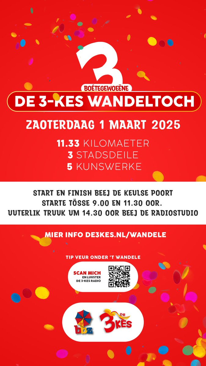 de3kes's tweet photo. Wandels dich de dolle daag tegemoot?
Ein niej initiatief op zaoterdaag 1 maart Boétegewoeëne De 3-kes wandeltoch. ‘nne Joeksige toertoch van 11,33 kilomaeter. De duis 3 stadsdeile aan en de bekieks 5 kunswerke. 
Mier informasie: https://t.co/OIDjKb7hgA
#vastelaovend
@BBZvenlo https://t.co/kkjyxfqTfG