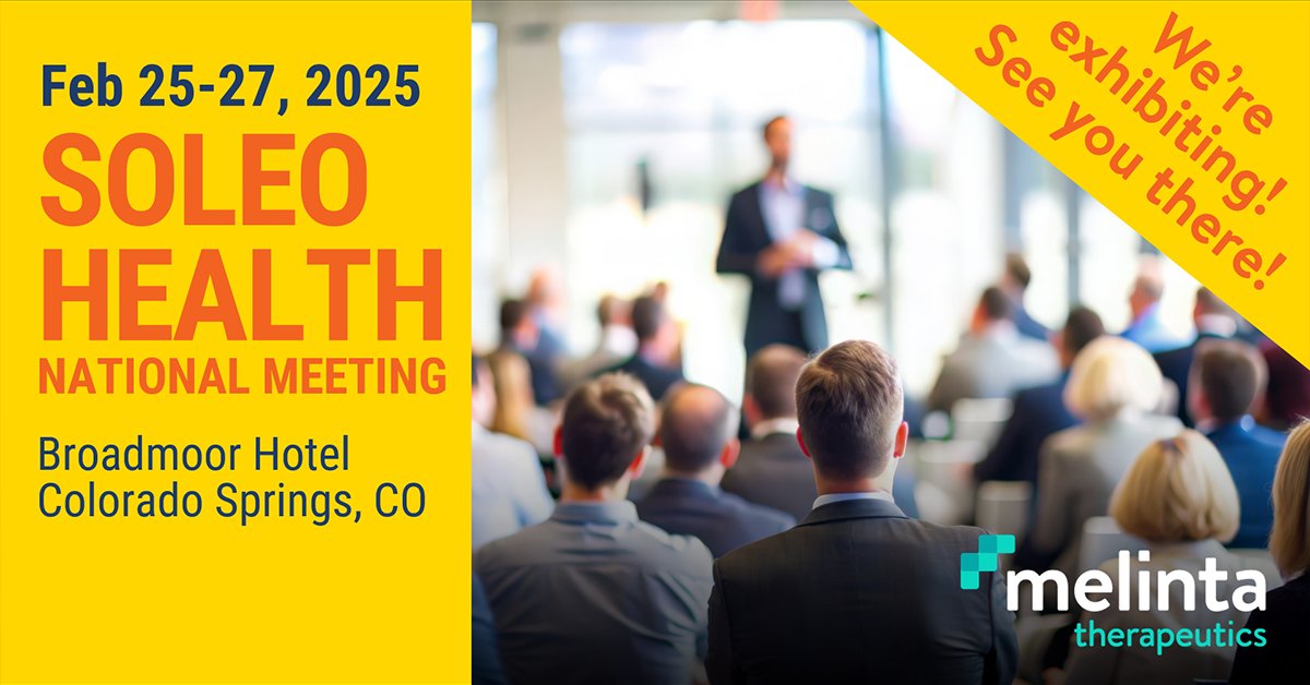 Melinta is proud to be a gold sponsor of the Soleo Health National Meeting in Colorado Springs, CO.

Visit us in the Melinta booth today and tomorrow to meet the team with passion and purpose!