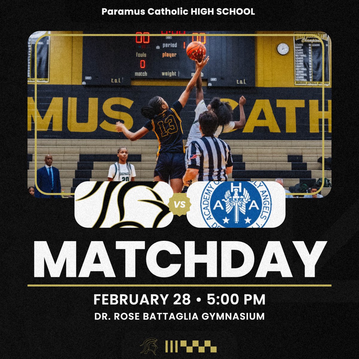 ParamusCathHS's tweet photo. 🏀 GIRLS STATE PLAYOFFS: PARAMUS CATHOLIC VS. HOLY ANGELS 🏀 Join us this Friday, Feb 28, 2025, at 5 PM at The Dr. Rose Battaglia Gymnasium. We need our fans! LET’S GO PALADINS! 💛🖤 #PaladinPride #StatePlayoffs #GoPaladins #PCBasketball https://t.co/KSqoiWo54f