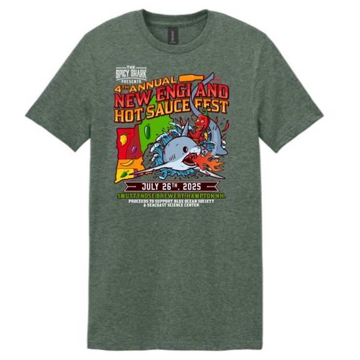 📣 This year’s official T-Shirt unveiled! Super soft, featuring the Thresher Shark and a green background. 

T-shirts are available with ticket purchase on the website! Pick up on the day of the event: newenglandhotsaucefest.com

#newenglandhotsaucefest