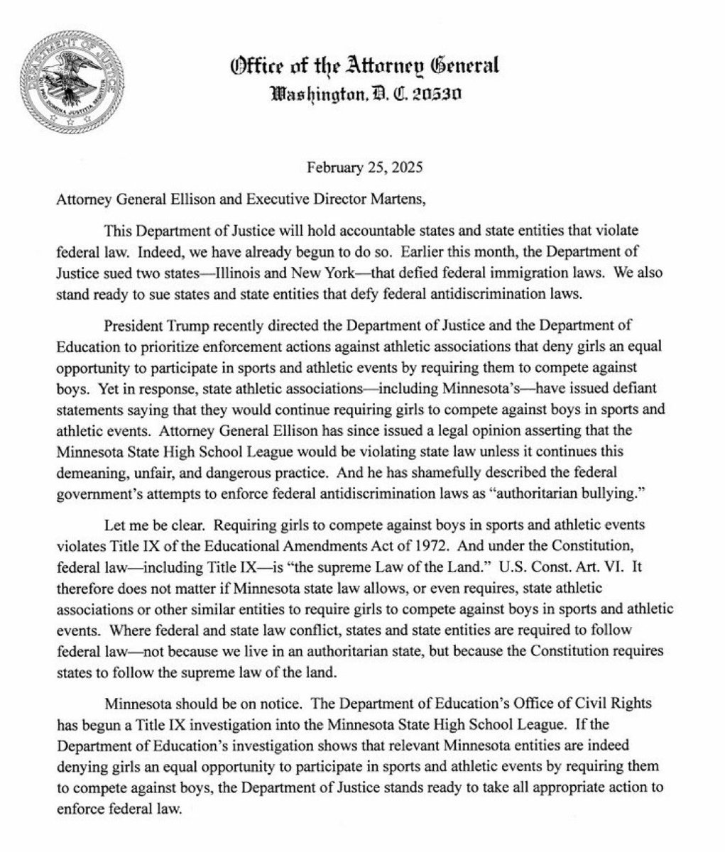 GrageDustin's tweet image. 🚨 JUST IN: U.S. Attorney General Pam Bondi has sent this letter to Minnesota ordering them to comply with federal law protecting women’s sports.