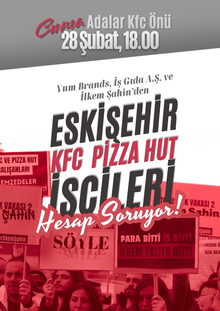 📍Eskişehir

KFC ve Pizza Hut çalışanları işçilik alacakları ve hakları için tekrar bir araya geliyor. 

Eskişehir halkını 28 Şubat 18:00’da Adalar KFC önüne, KFC ve Pizza Hut işçilerinin mücadelelerine destek olmaya, İş Gıda A.Ş.’den hesap sormaya çağırıyoruz. <a href="/kfcvepizzahut26/">İş Gıda İşçileri Direniyor /Eskişehir</a>