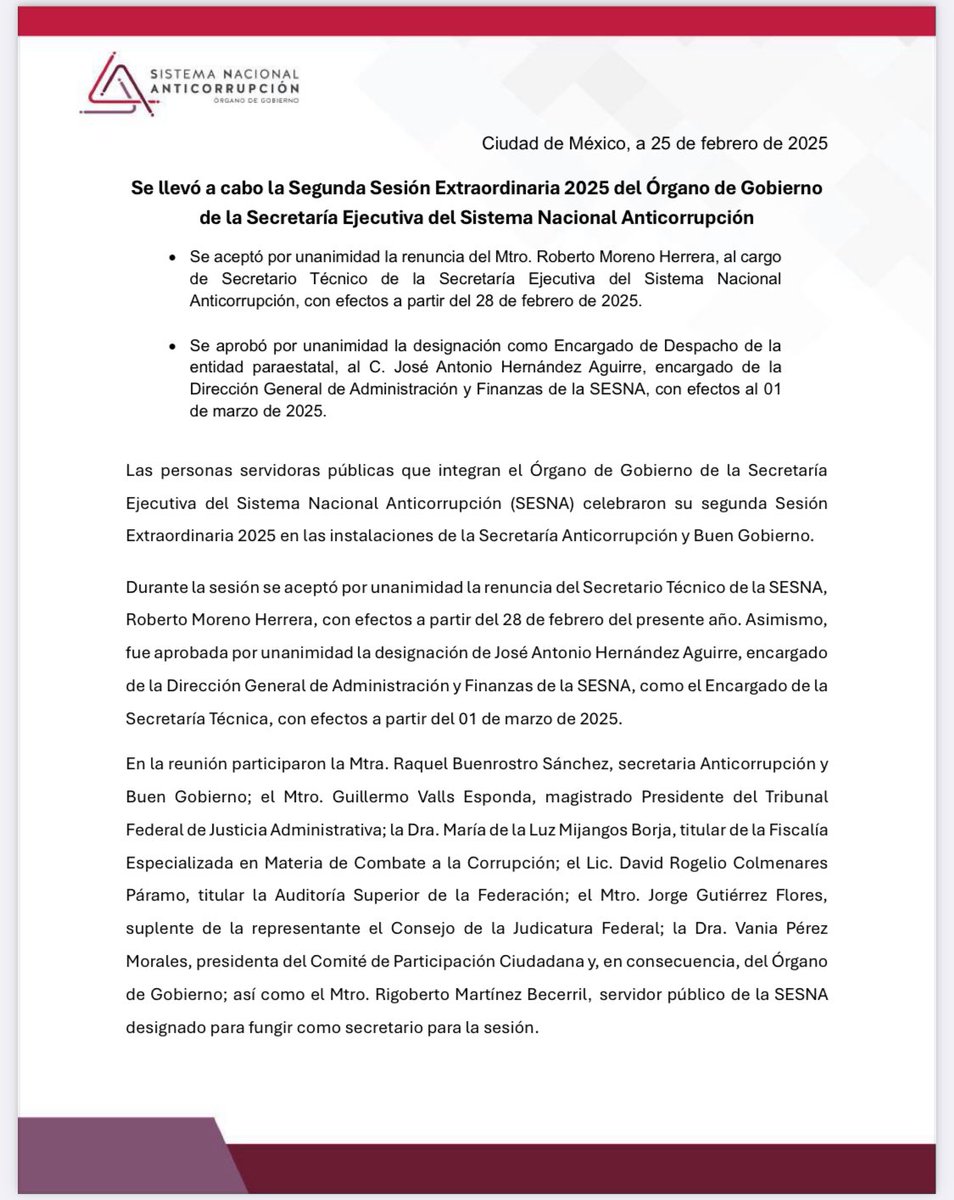 vaniaperezmor's tweet photo. Ayer, 25 de febrero de 2025, se llevó a cabo la 2ª sesión extraordinaria del órgano de gobierno de la @SESNAOficial. Las autoridades del SNA, incluida la representación ciudadana que me corresponde, aceptamos por unanimidad la renuncia del Secretario Técnico y nombramos como encargado de la oficina al director de administración José Antonio Aguirre. 
Seguiremos trabajando en la prevención, detección y combate a la corrupción. 

📄 Aquí el comunicado: 🔗 https://t.co/uvpIg3V39z