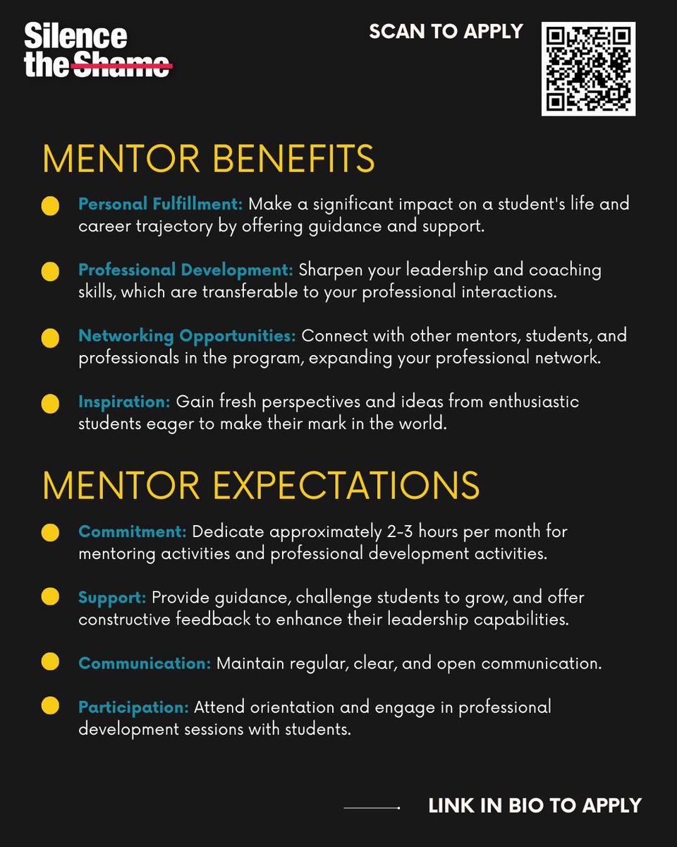 SilencethShame's tweet photo. Mentors Wanted! Make an Impact with Silence the Shame University
If you're ready to be the change, apply today!
#silencetheshame #mentalwellness #mentalhealth #mentorshipmatters #leadershipdevelopment #CLIMBUP https://t.co/0OvxUUNdAO