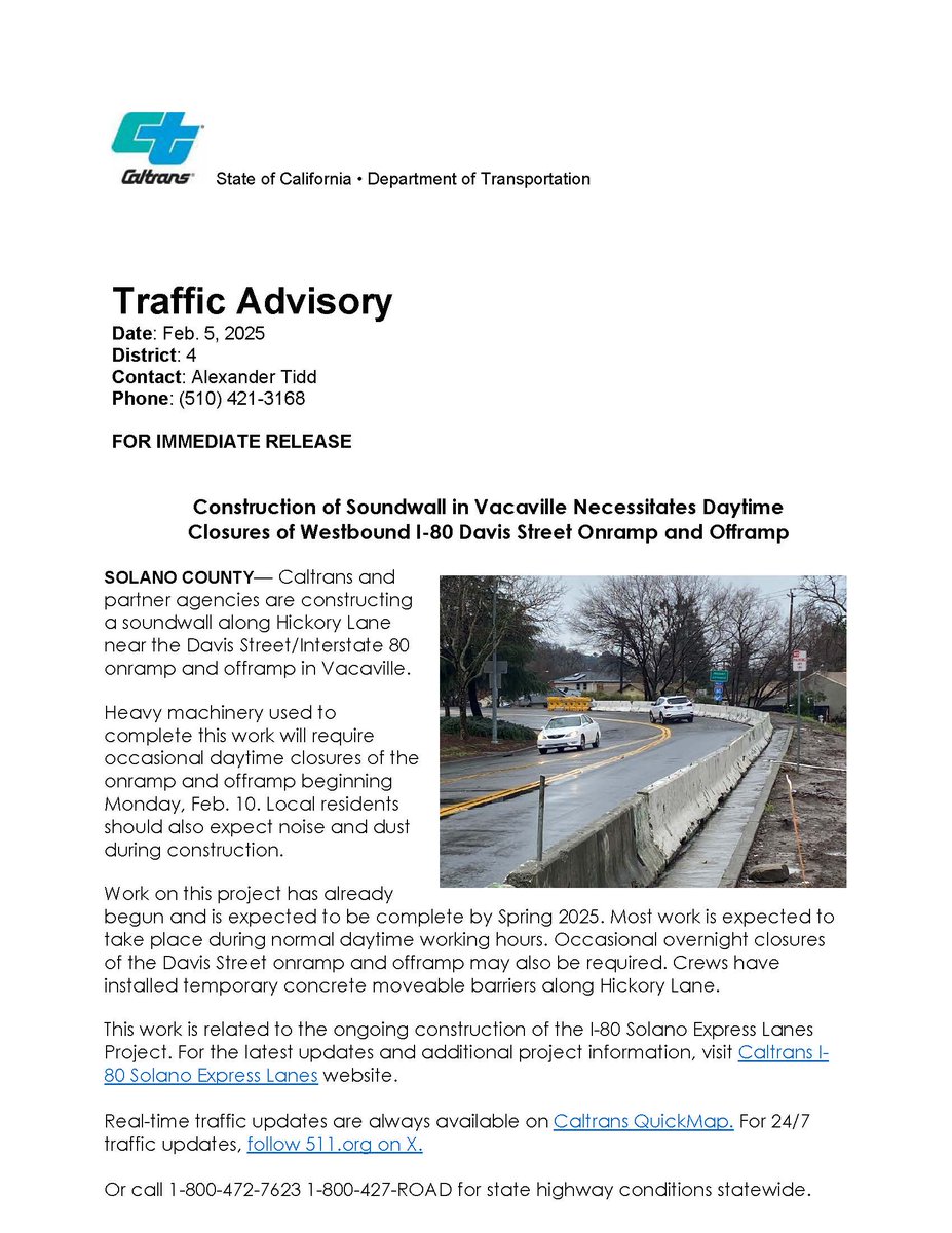 REMINDER #SOLANOCOUNTY Caltrans & partner agencies are building a soundwall  along Hickory Lane near the Davis St. I-80 on/offramps in Vacaville. Expect  daytime ramp closures, noise, & dust until October. Occasional overnight