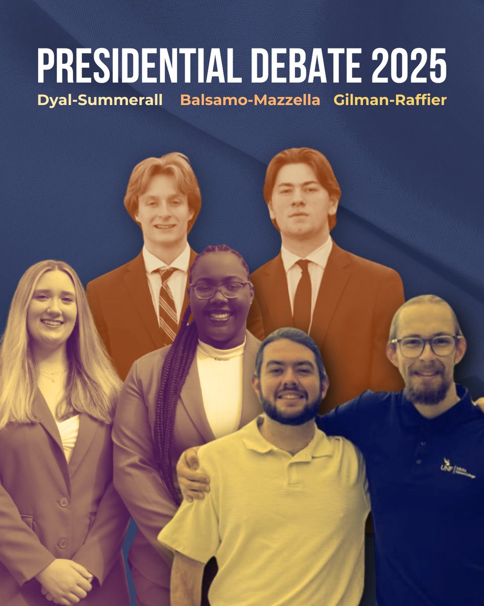The University of North Florida Student Government will host a presidential debate on Thursday, February 27th at 2pm, ahead of its Spring 2025 election.

l8r.it/CFxq
⁠
✏️ Mindy McLarty⁠
📸 UNF Soar, UNF Talon, and UNF SAM