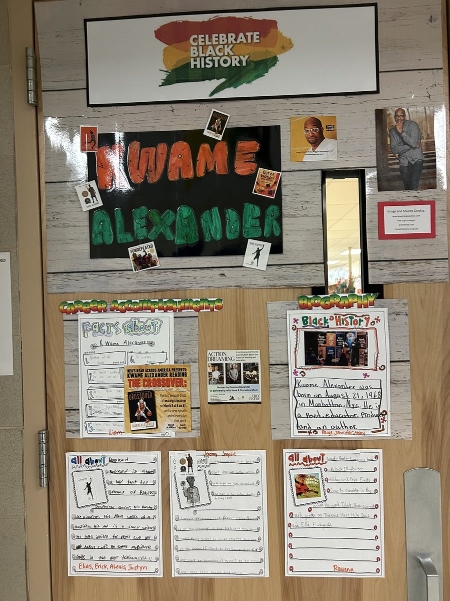 AmySamay's tweet image. My Advisory Class did a great job of researching Kwame Alexander to create this Black History Month door display and to make a Destiny Collection. Stop by the @FMS_BCPS Library to see our matching book display. #fmsreaders @BCPSLMP @JameeEspinoza