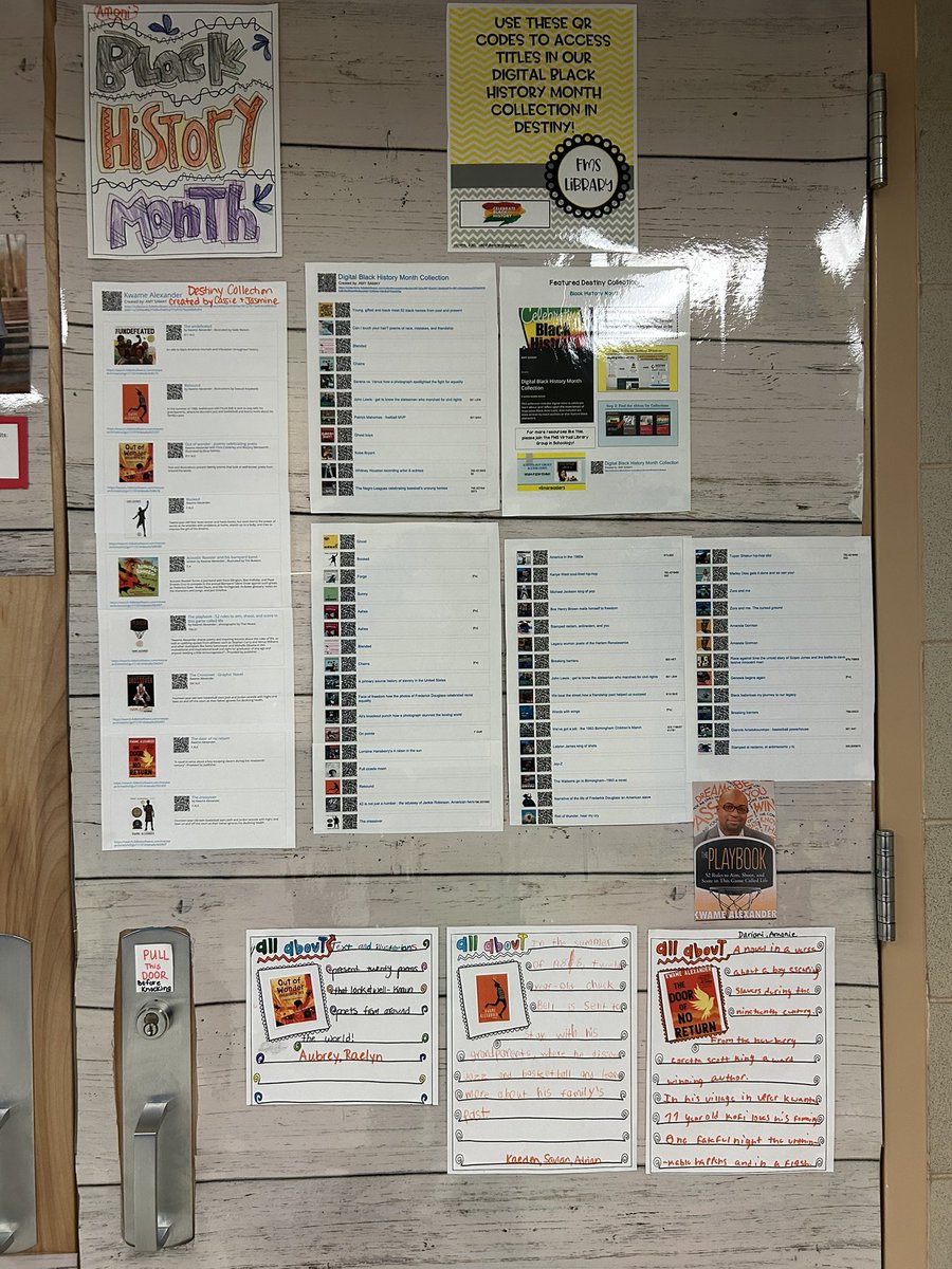 AmySamay's tweet image. My Advisory Class did a great job of researching Kwame Alexander to create this Black History Month door display and to make a Destiny Collection. Stop by the @FMS_BCPS Library to see our matching book display. #fmsreaders @BCPSLMP @JameeEspinoza