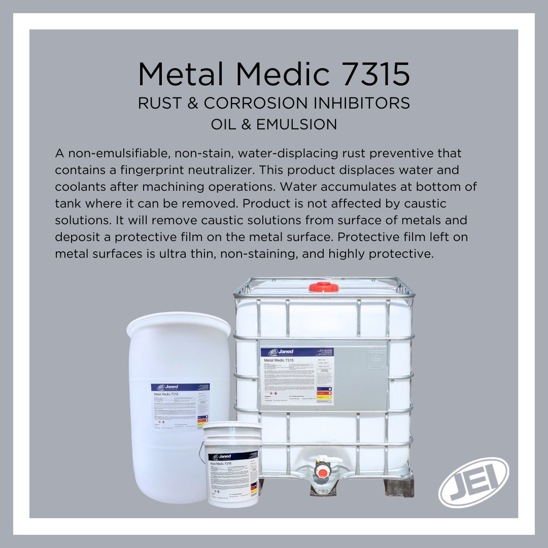Our next product spotlight is Metal Medic 7315. This is a non-emulsifiable, non-stain, water displacing rust preventative which contains a fingerprint neutralizer. This product displaces water and coolants after machining operations.