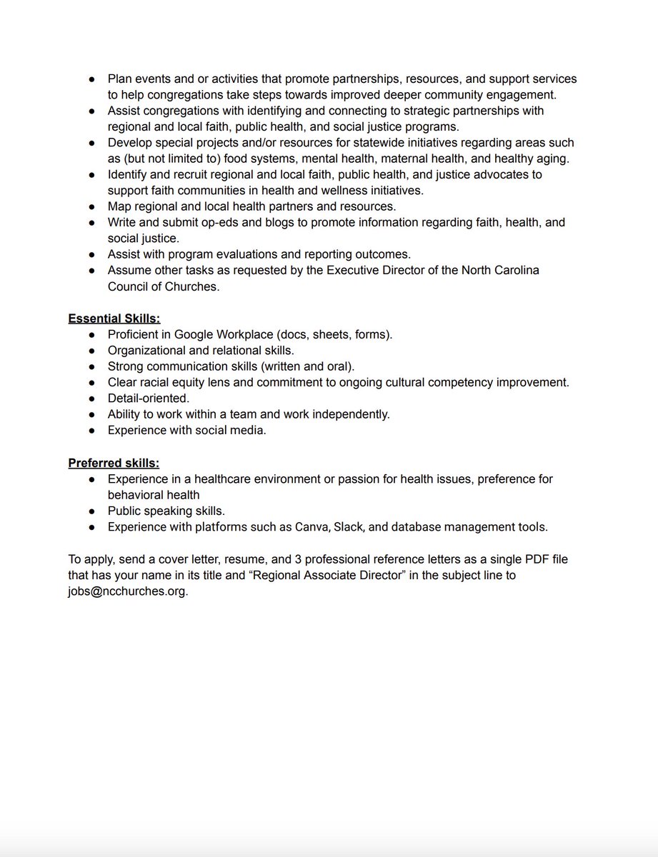 North Carolina Council of Churches has an Immediate Position Opening for the Regional Associate Director. Learn more and how to apply ⤵️