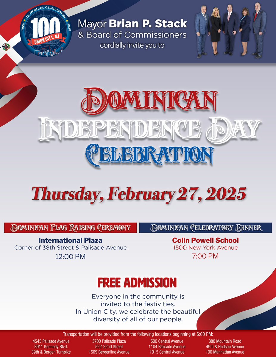 Everyone is cordially invited to our City's Annual Dominican Independence Day Celebrations to be held tomorrow, Thursday, February 27, 2025.  Flag-raising at 12:00 PM and dinner at 7:00 PM. Free admission.