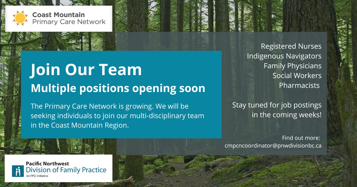 PNW DoFP Locum Network (@pnwlocumnetwork) on Twitter photo The Coast Mountain Primary Care Network (PCN) will seeking various health professionals to join our multi-disciplinary teams. Watch for our HIRING announcements soon!
For more information email cmpcncoordinator@pnwdivisionbc.ca
pnw-division-bc.ca/doctors/primar… The Coast Mountain Primary Care Network (PCN) will seeking various health professionals to join our multi-disciplinary teams. Watch for our HIRING announcements soon!
For more information email cmpcncoordinator@pnwdivisionbc.ca
pnw-division-bc.ca/doctors/primar…