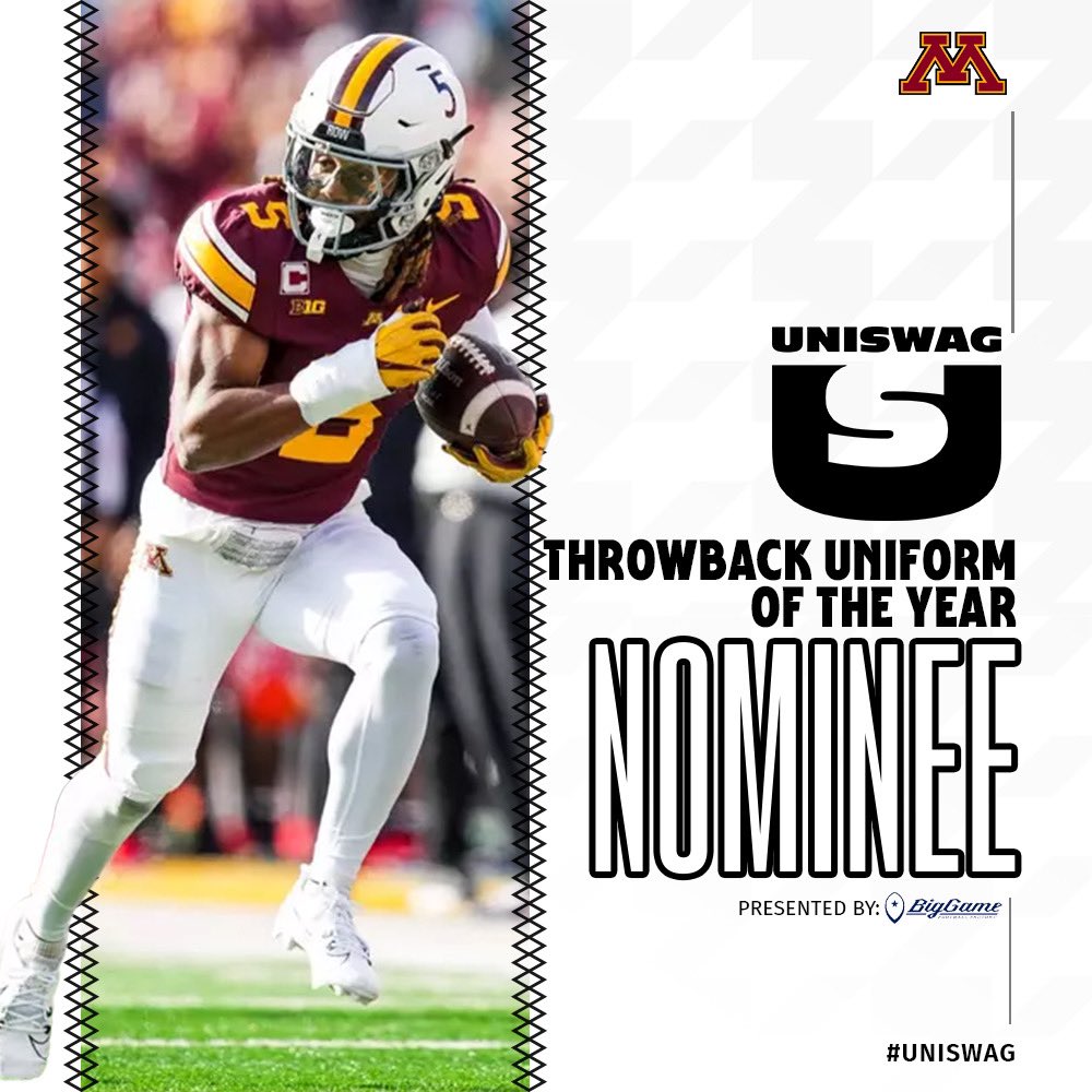 UNISWAG's tweet image. UNISWAG Throwback Uniform of the Year Nominee presented by @BigGameUSA 

@GopherFootball is up for the best throwback uniform of the 2024 College Football season!

Click here to vote: bit.ly/2sHF6u9

#uniswag