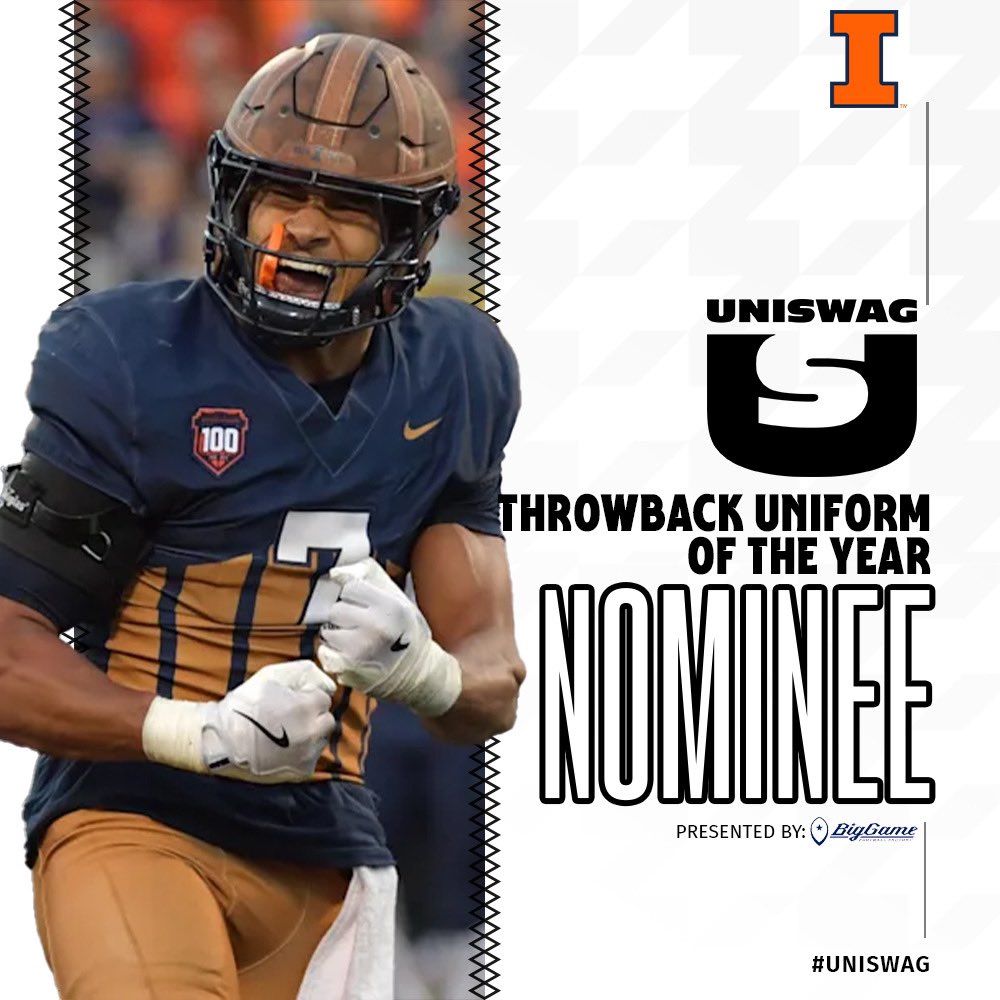 UNISWAG's tweet photo. UNISWAG Throwback Uniform of the Year Nominee presented by @BigGameUSA 

@IlliniFootball is up for the best throwback uniform of the 2024 College Football season!

Click here to vote: https://t.co/jcWCR7SY7R

#uniswag https://t.co/gSnJfR5w6J