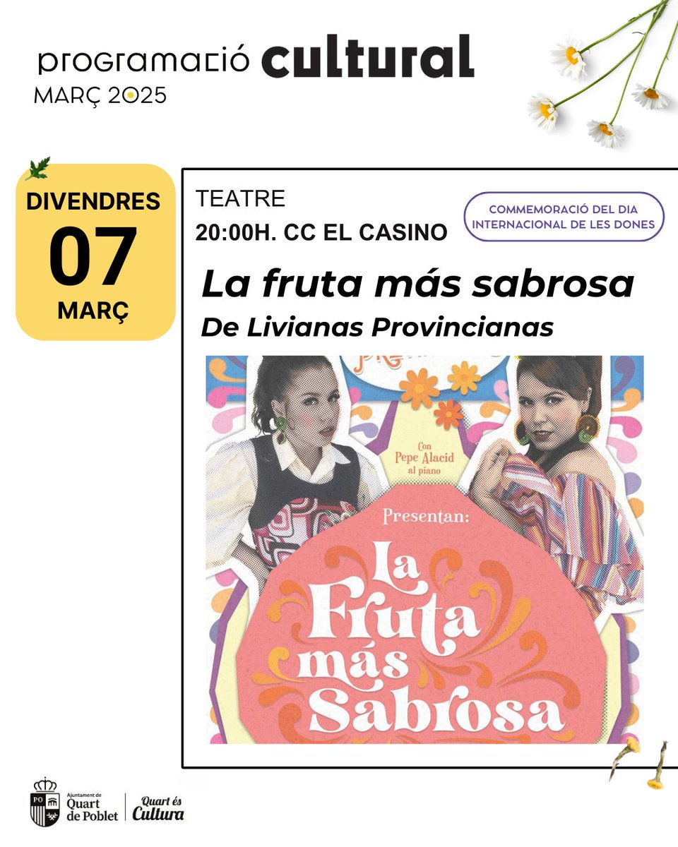 <a href="/LProvincianas/">LivianasProvincianas</a> El viernes 7 de marzo, no te puedes perder el teatro "La fruta más sabrosa", de @lprovincianas, en el marco del Día Internacional de la Mujer.🍓

Un cabaré divertido, feminista y queer. 💜

📆 07/03
⏰ 20h
📍CC El Casino
🎟️ 5€ / 4€
servientradas.com/espectaculo/CE…

#QuartÉsCultura