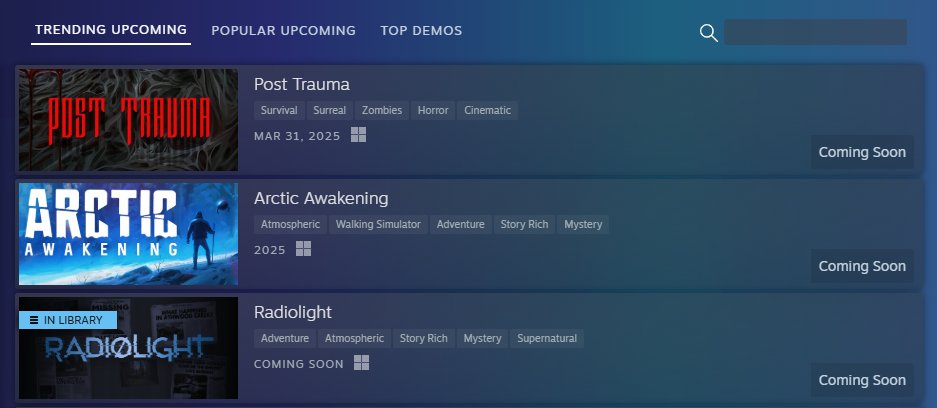These are the most popular thriller demos on Steam Next Fest. Radiolight is third, right after two really great looking titles, so cool to see!!